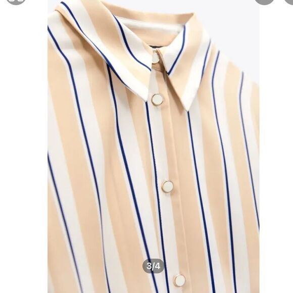 ZARA Striped Belted Midi Dress long sleeves tan,white,blue Size XS‎ NWT - Picture 4 of 9